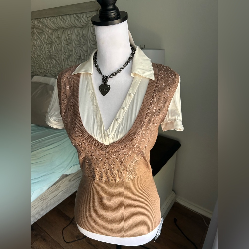 Bebe Y2K Mocha White Embroidered Silk 2Fer Blouse Sweater Knit Combo NWT